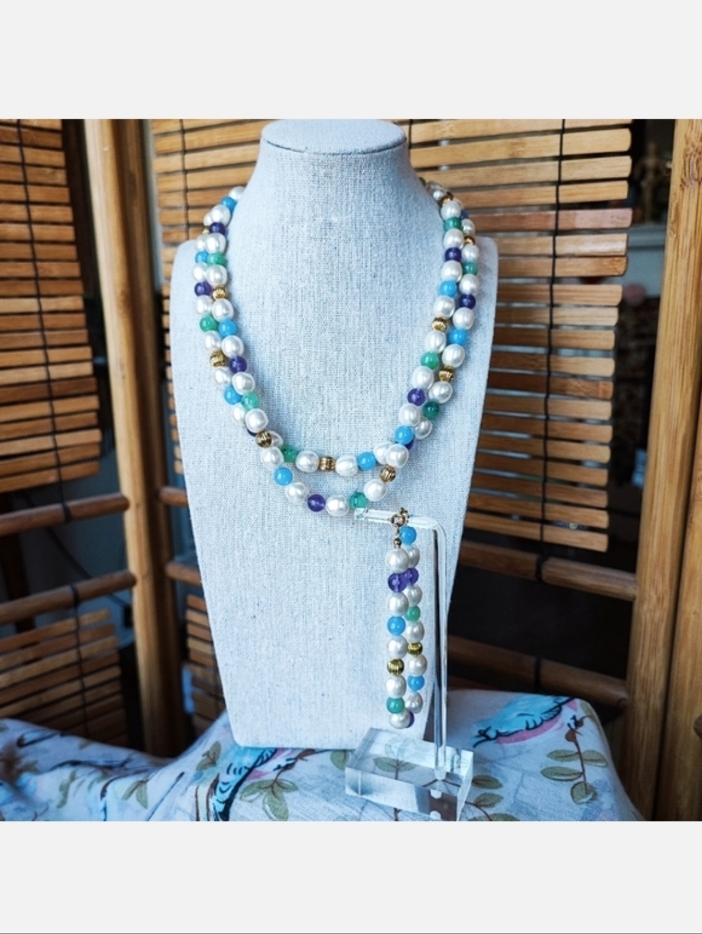 Glass Faux Pearl Pastel Extra Long Beaded Gemstone Spring Necklace Bracelet Set